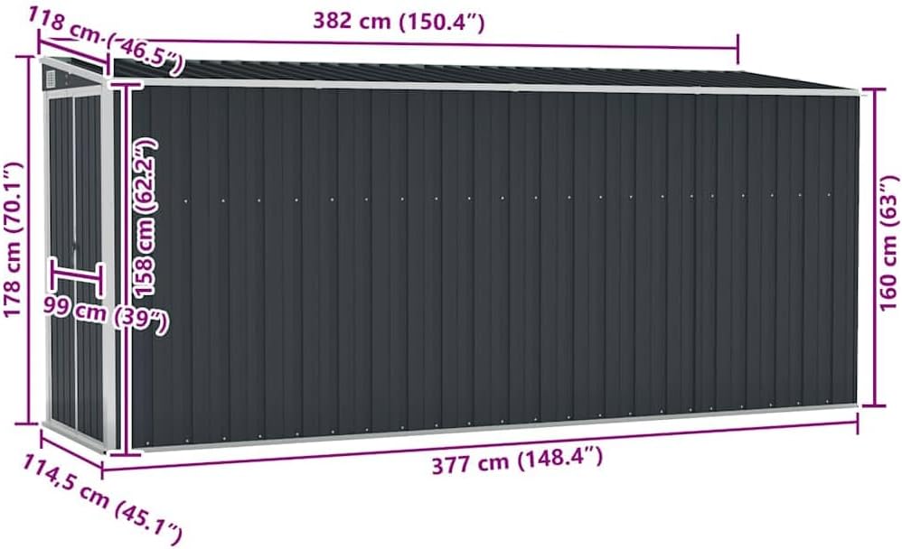 etezen Abri de Jardin Mural Anthracite 118x382x178 cm Acier,Structures extérieures, Cabanes & abris de Jardin,316231