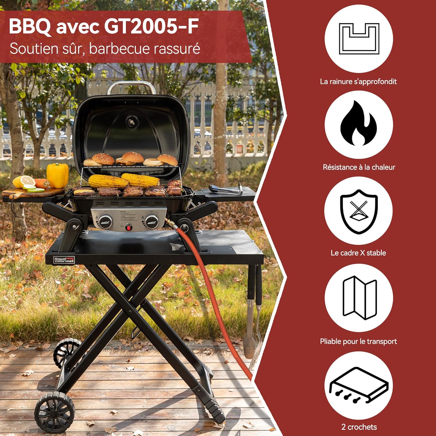 etezen - barbecue gaz portable - 48x37 cm - 2 brûleurs, tables pliantes, chariot détachable, 5kW