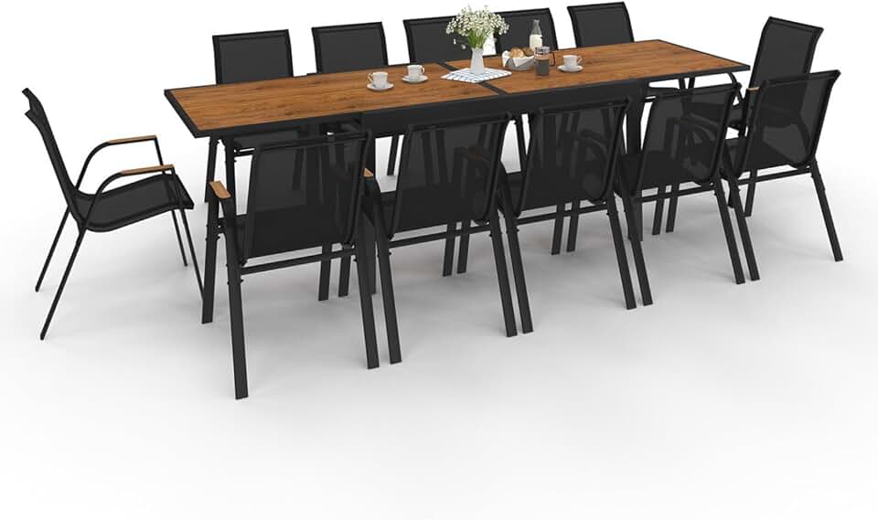 etezen - Salon de Jardin NOUMEA Table Extensible 135/270 cm Plateau Effet Bois et 12 chaises empilables Noir et Bois