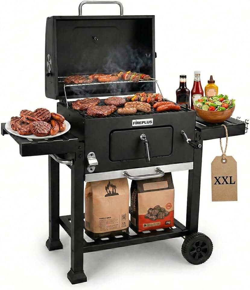 etezen - Fireplus Barbecue - 116,5x13,1x56cm - charbon, roues, plateaux, ventilation