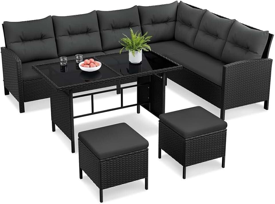 etezen - Salon de jardin 4 pièces - polyrotin, ottomans, table - noir/gris