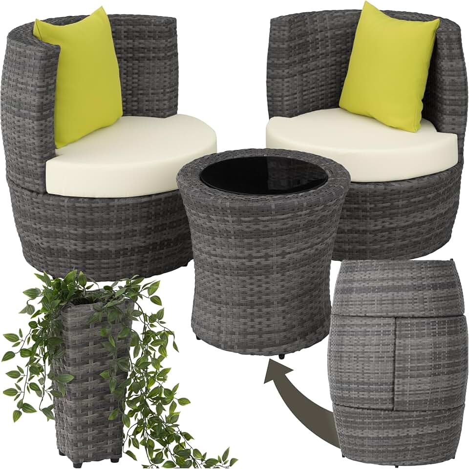 etezen - Salon de jardin encastrable 2 places - Aluminium, polyrotin, coussins et pot de fleur - Idéal balcon terrasse