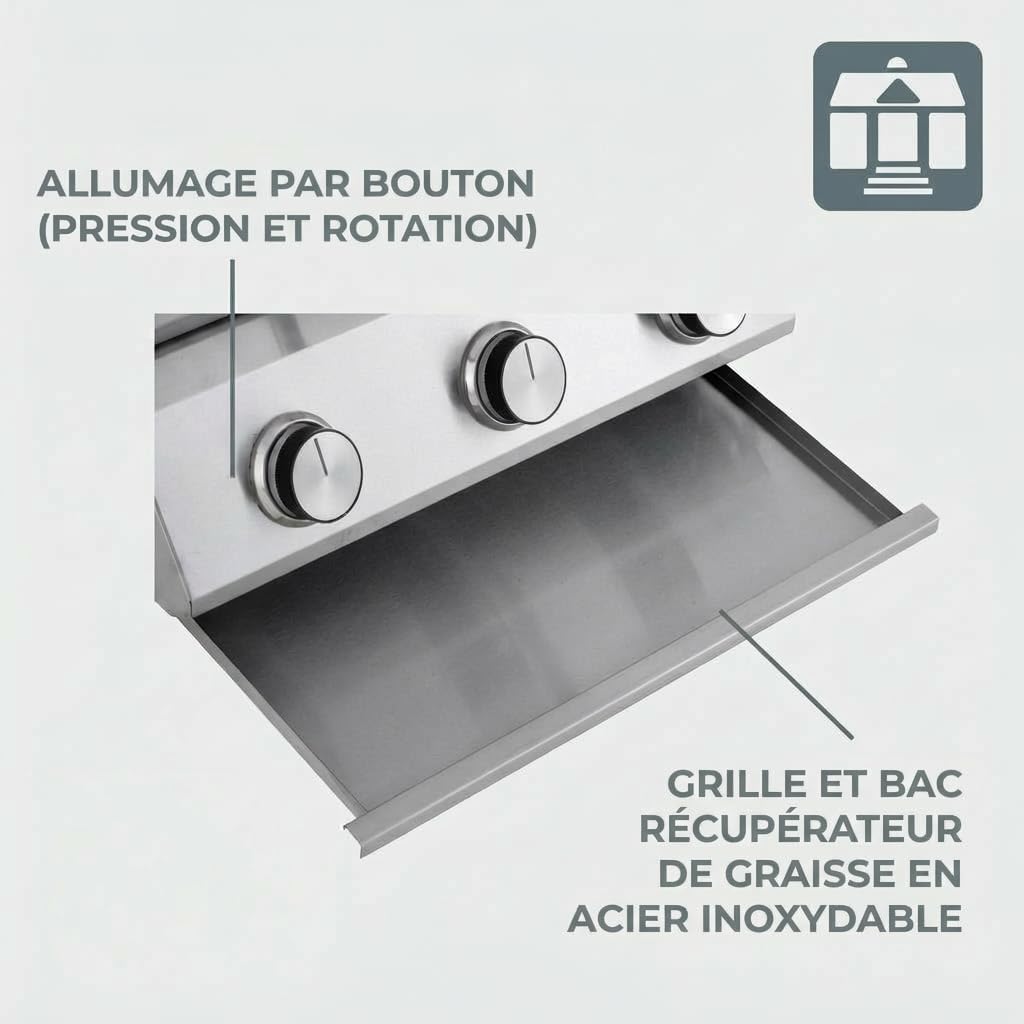 etezen - Barbecue à gaz portable - inox - 3 brûleurs, thermomètre, allumage piézo - CATHAN