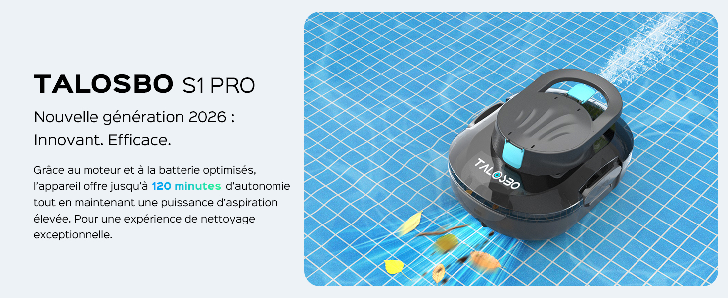 Le texte se lit comme suit : « etezen S1 PRO nouvelle génération 2026 ! Innovant. Efficace. » Aspirateur robotique noir avec accent bleu représenté sur une surface quadrillée bleue sous un angle différent.