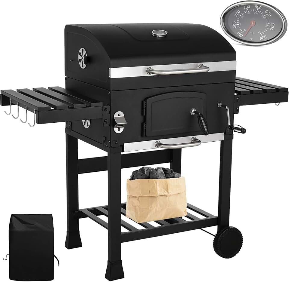 etezen - Barbecue charbon XXL - grand chariot, fumoir et thermomètre