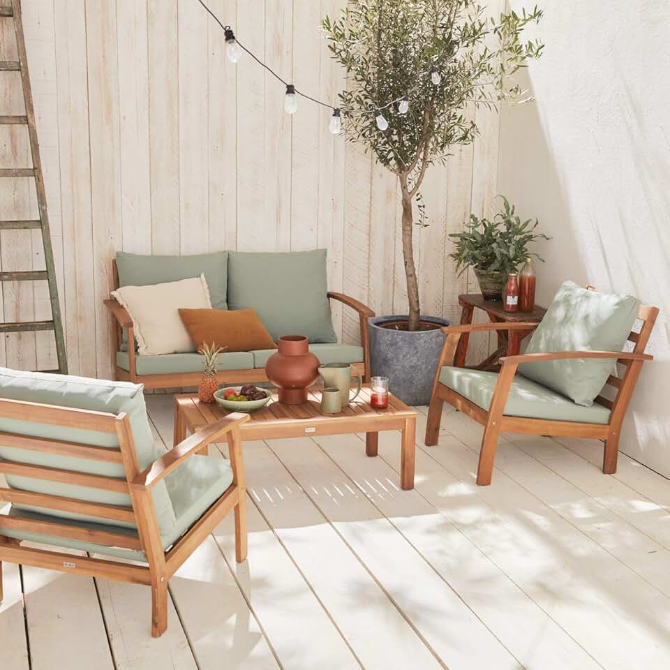 etezen - Ushuaïa - Salon de jardin bois 4 places, coussins verts, canapé, fauteuils, table basse