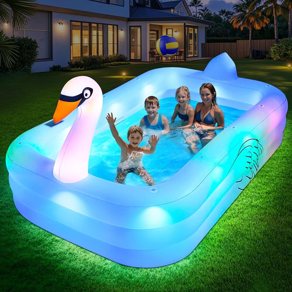 etezen Piscine Gonflable avec Lumières, Swan Piscine Gonflable Adulte, 255x160x50cm Grande Piscines Gonflables Rectangulaire, Swimming Pool Surdimensionnée pour Enfants et Famille, pour Jardin