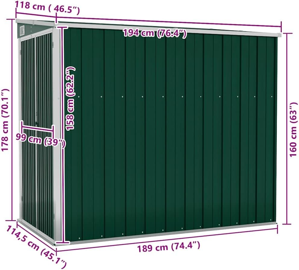etezen Abri de Jardin Mural Vert 118x194x178 cm Acier galvanisé,Structures extérieures, Cabanes & abris de Jardin,316221
