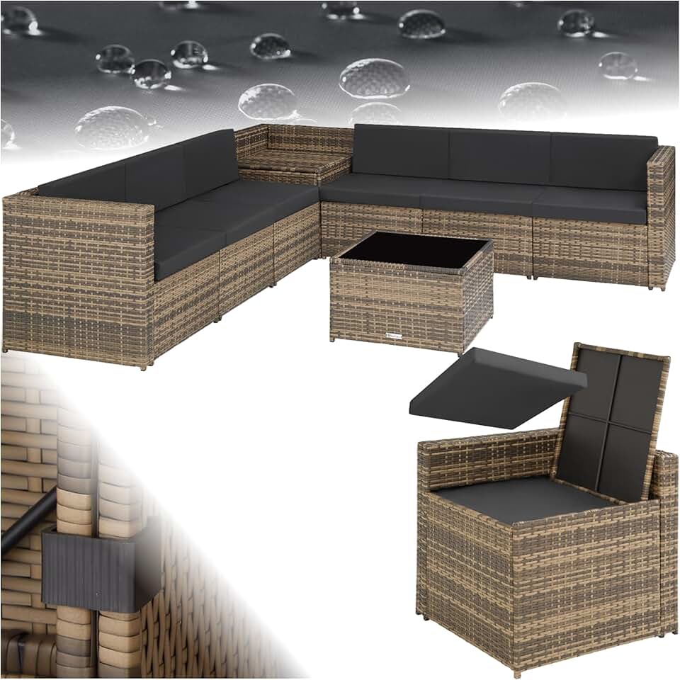 etezen - salon de jardin modulable 6 places résine, coffre et table, brun - 200x130cm