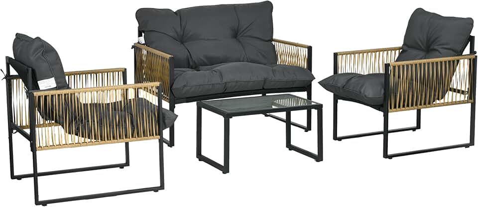 etezen - Salon extérieur 4 pièces, canapé 2 places, coussins gris, acier/résine, plateau en verre