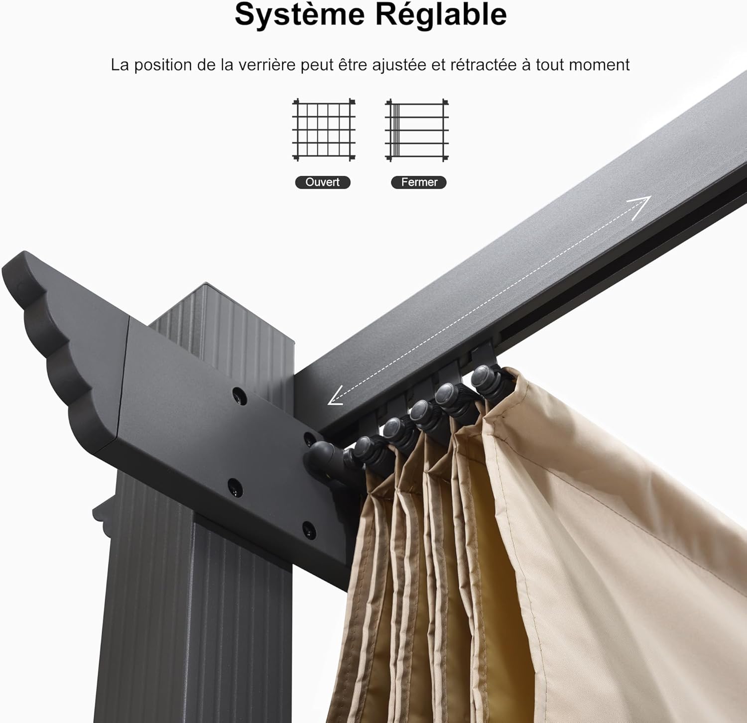 etezen - pergola aluminium 5,5x3,5m toit rétractable LED kaki