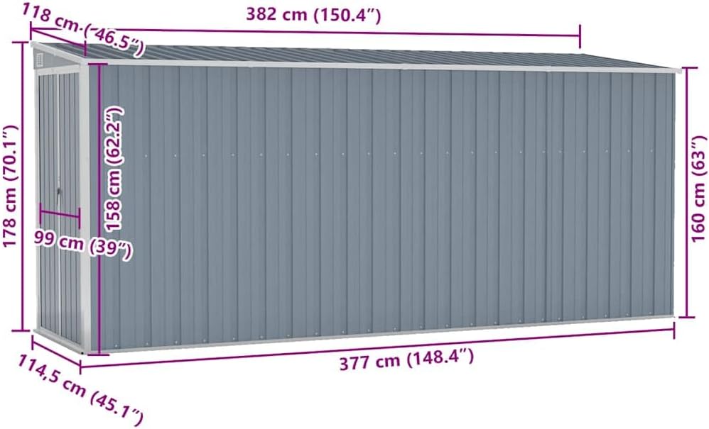 etezen Abri de Jardin Mural Gris 118x382x178 cm Acier galvanisé, Maison & Jardin, Pelouses & Jardins, Vie en extérieur, Structures extérieures, Cabanes & abris de Jardin, Gris, (Poids 47.9KG)