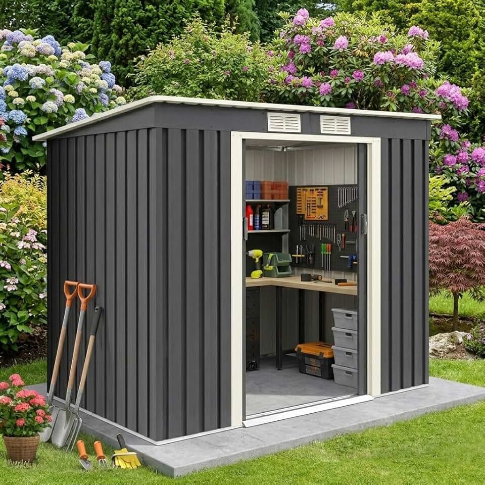 etezen 2,37M² Abri de Jardin en Acier Galvanisé Résistant 4,1m³, 213x130x173CM, Cabane de Jardin Exterieur avec 2 Portes Coulissant, 2 Aérations, Toit Incliné, Rangement Outils pour Pelouse, Patio