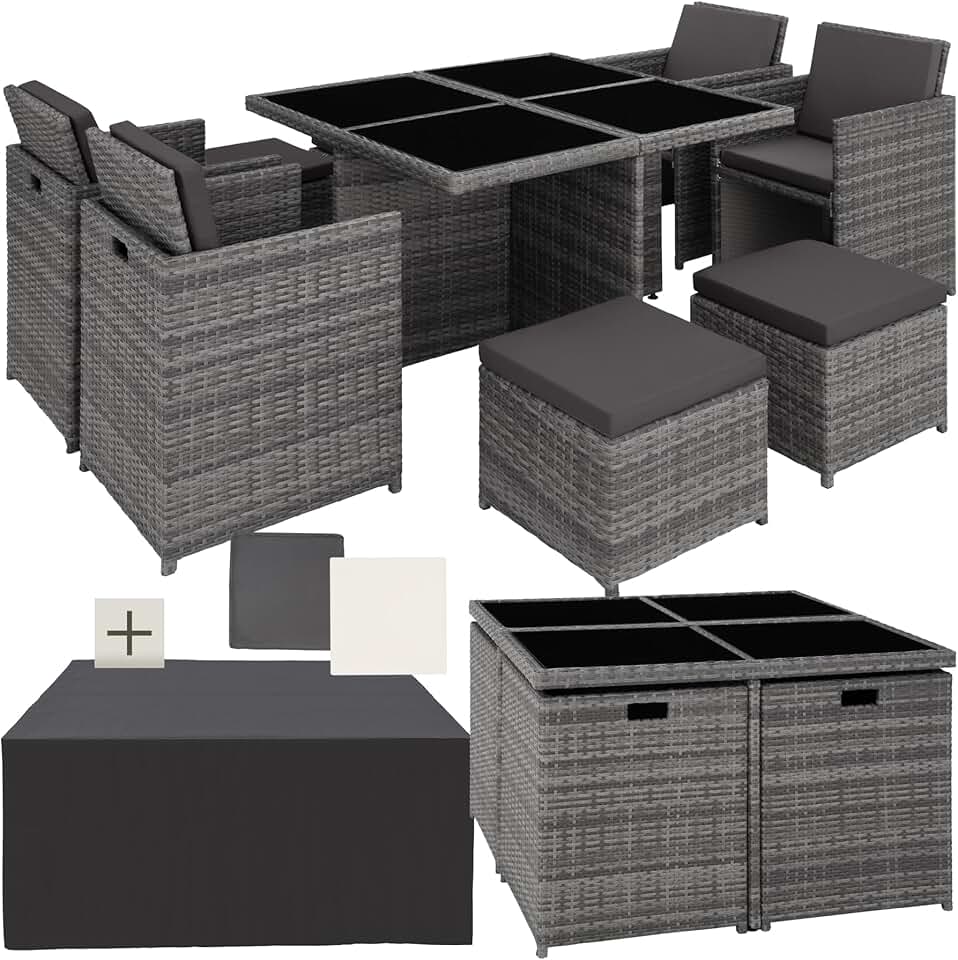 etezen - Salon de jardin 8 places aluminium rotin gris, confortable