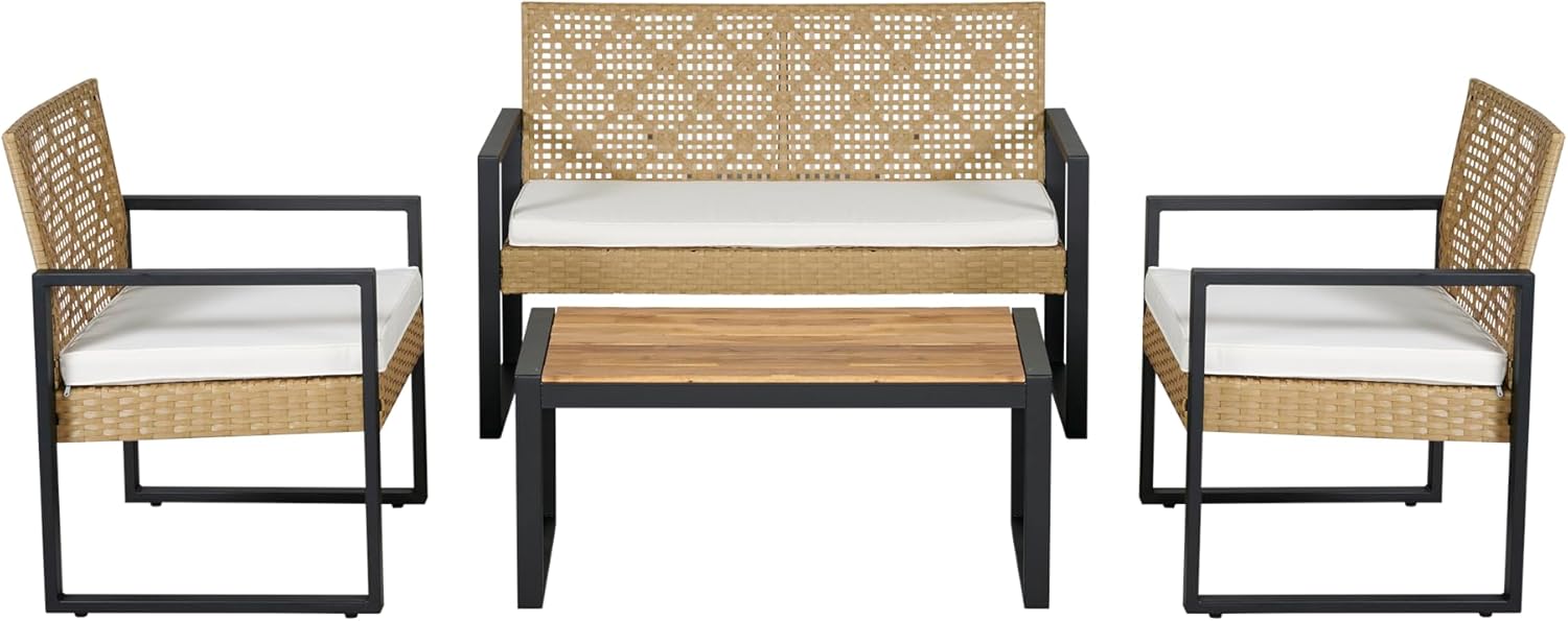etezen - Salon de jardin 4 pièces, acier/acacia, 2 chaises + banc, beige/naturel