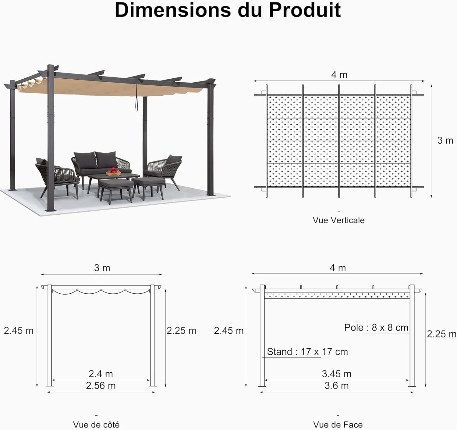etezen - Pergola aluminium LED, toit rétractable, 4x3m, kaki