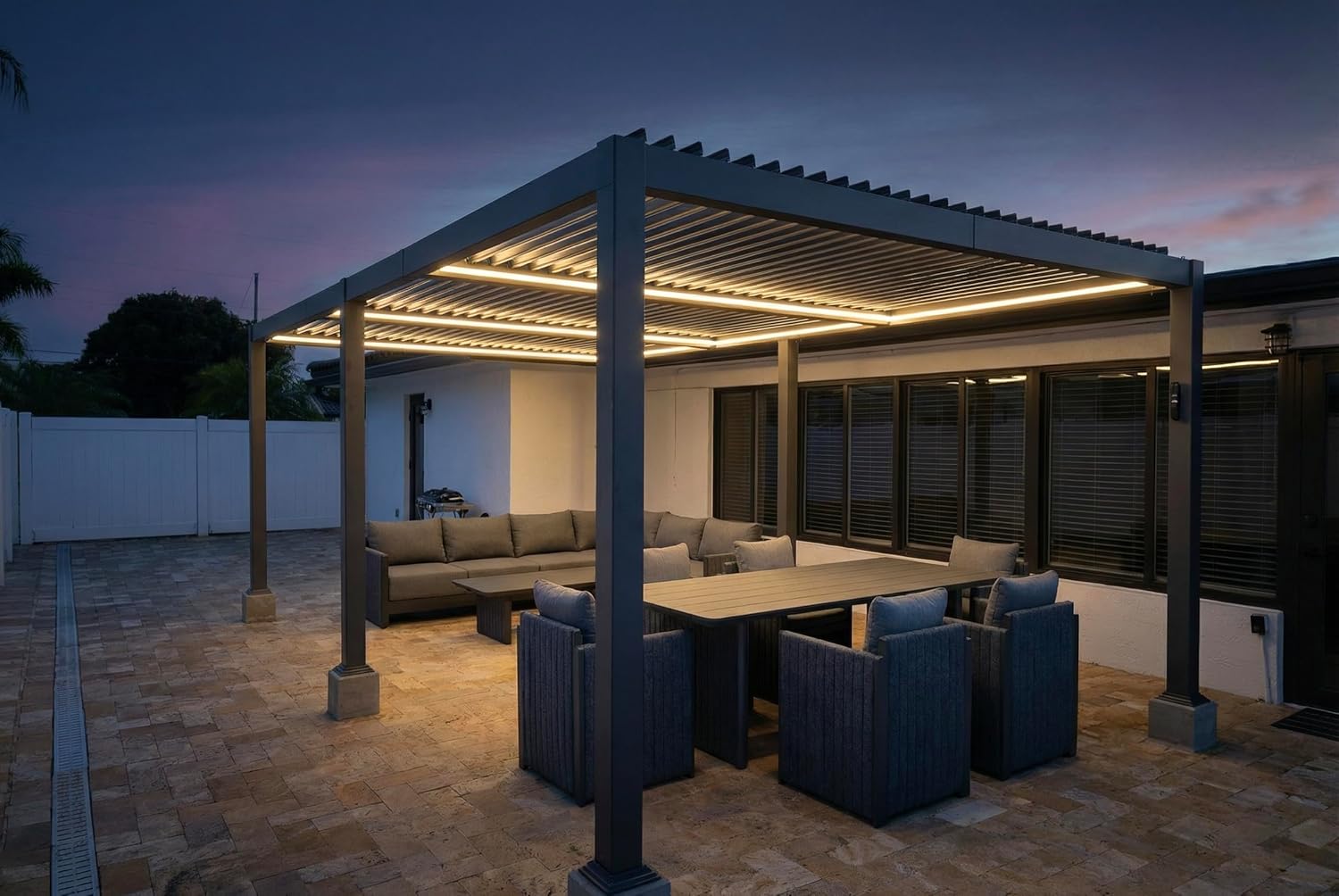 etezen - pergola bioclimatique - 3,5x6,35m - lames LED alu gris