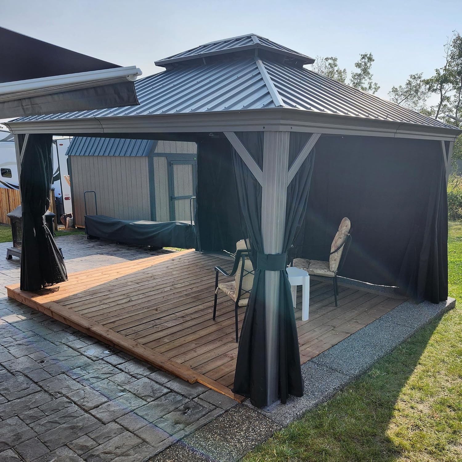etezen - tonnelle jardin double toit - 3,65x4,25m - aluminium, moustiquaire, rideaux