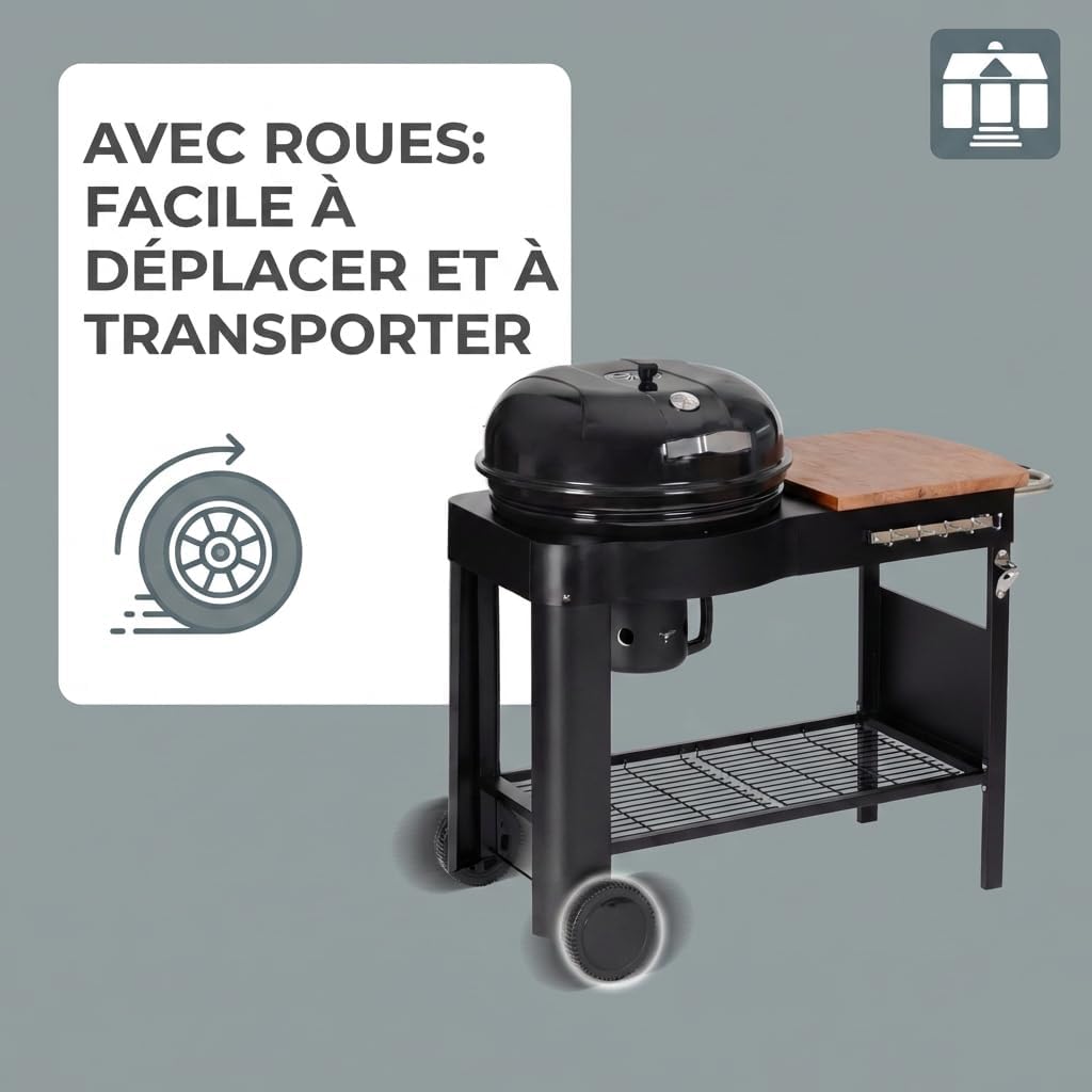 etezen - Barbecue Calgary - acier/bois - couvercle thermomètre, tablettes, 2 roues, noir