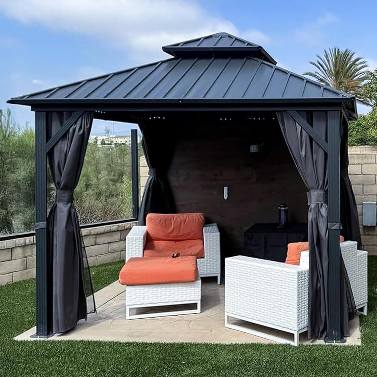 etezen - tonnelle extérieur double toit 3x3m, alu et acier, rideaux, guirlande lumineuse