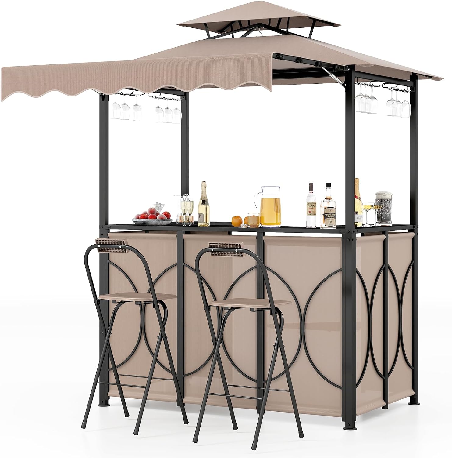 etezen - Tonnelle barbecue extérieur 3 pcs, table bar, 2 chaises pliables, double toit, métal, marron