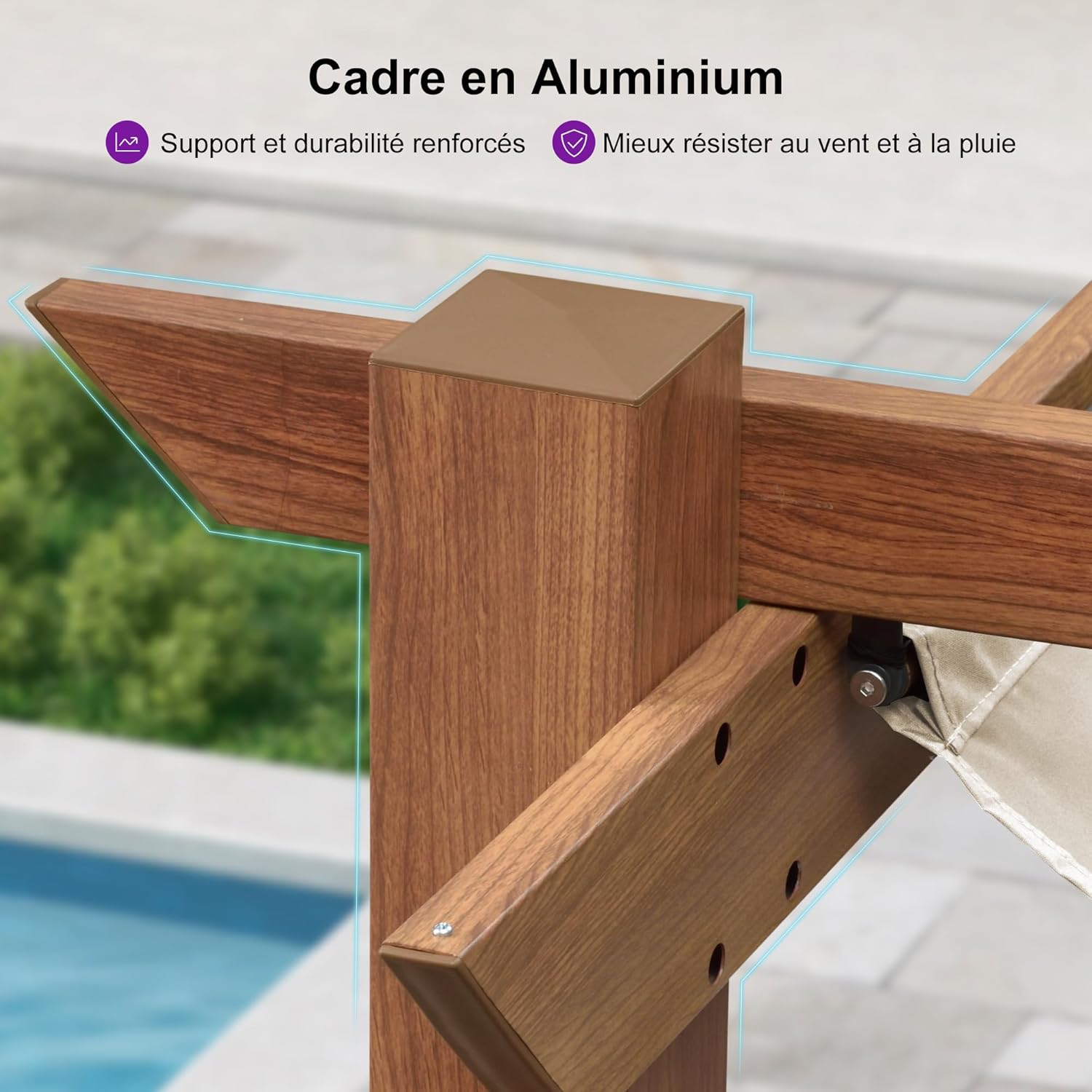 etezen - pergola aluminium - 3x3m - teck, toile rétractable, kaki