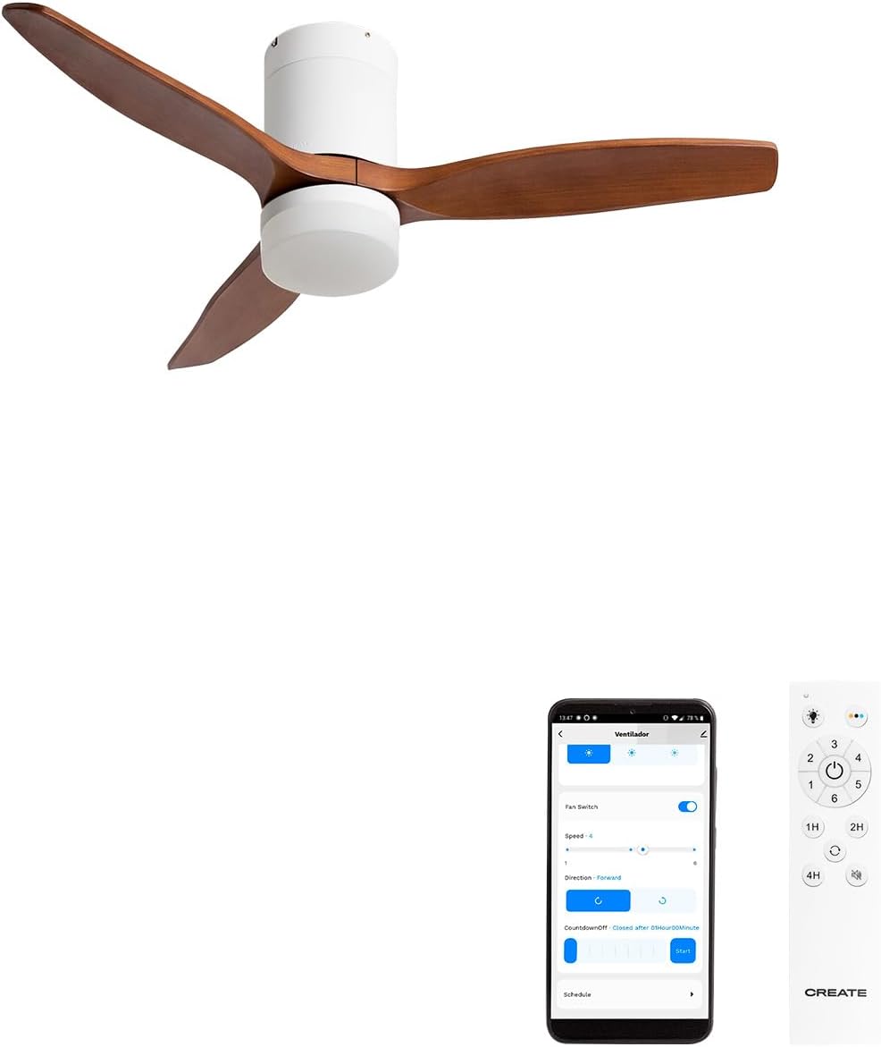 CREATE WINDCALM S Ventilateur de plafond ABS avec lumière blanche, pales effet bois foncé avec Wi-Fi et télécommande, 40 W, minuteur, Ø112 cm, 3 températures de lumière, fonction été/hiver