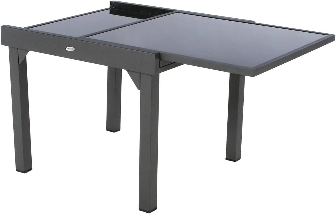 etezen - Table Piazza Gris Graphite extensible 8 places - Aluminium anti-rouille, verre trempé, rallonge coulissante.