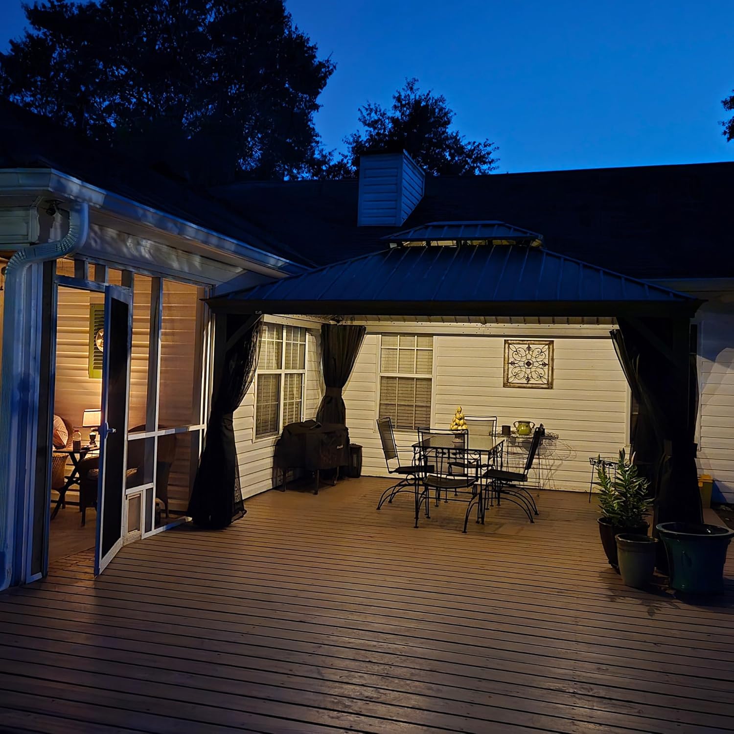 etezen - tonnelle jardin double toit alu - 3,65x4,25m rideaux moustiquaire guirlande solaire