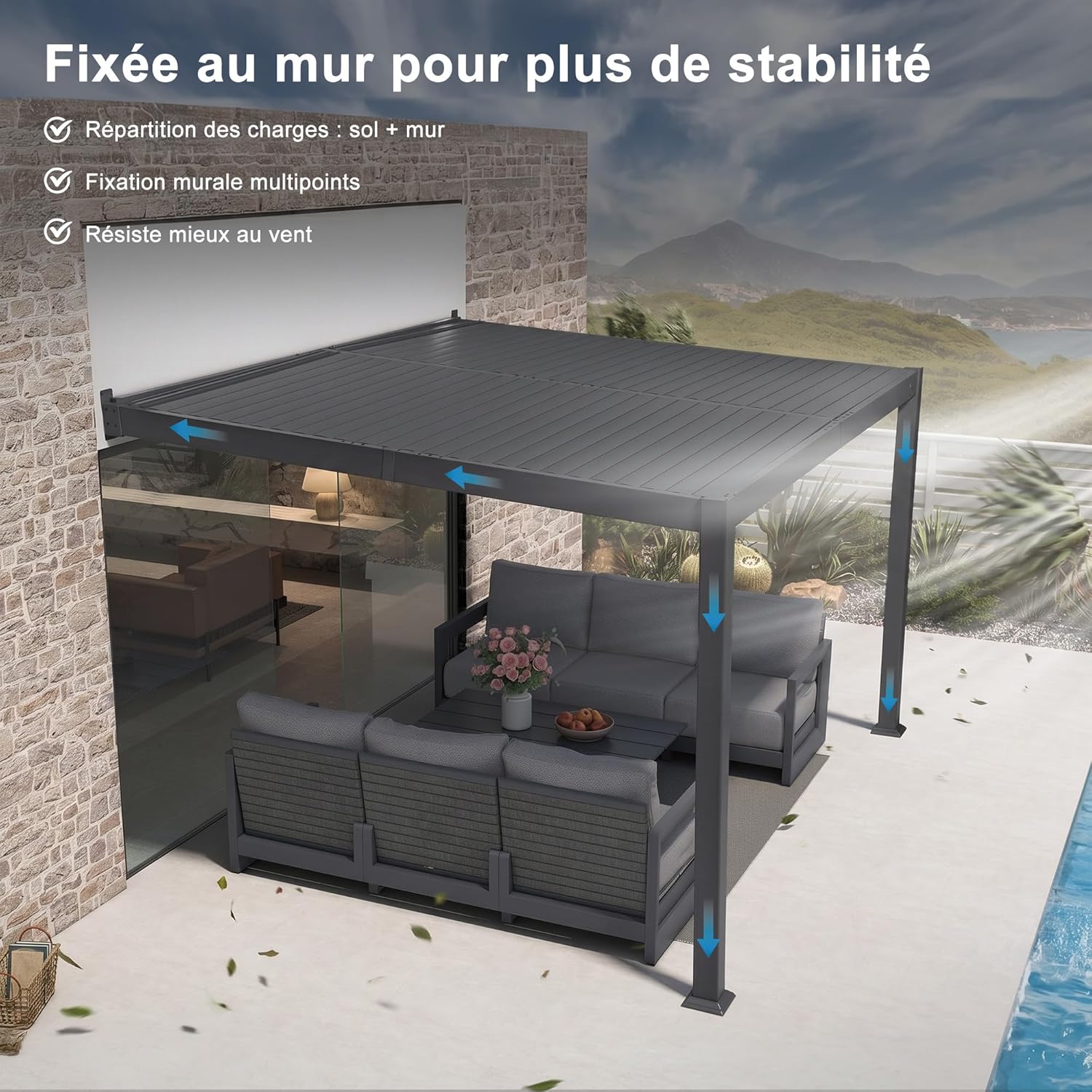 etezen - Pergola bioclimatique adossée - 2,5x3 m - aluminium, lames orientables, résistante intempéries