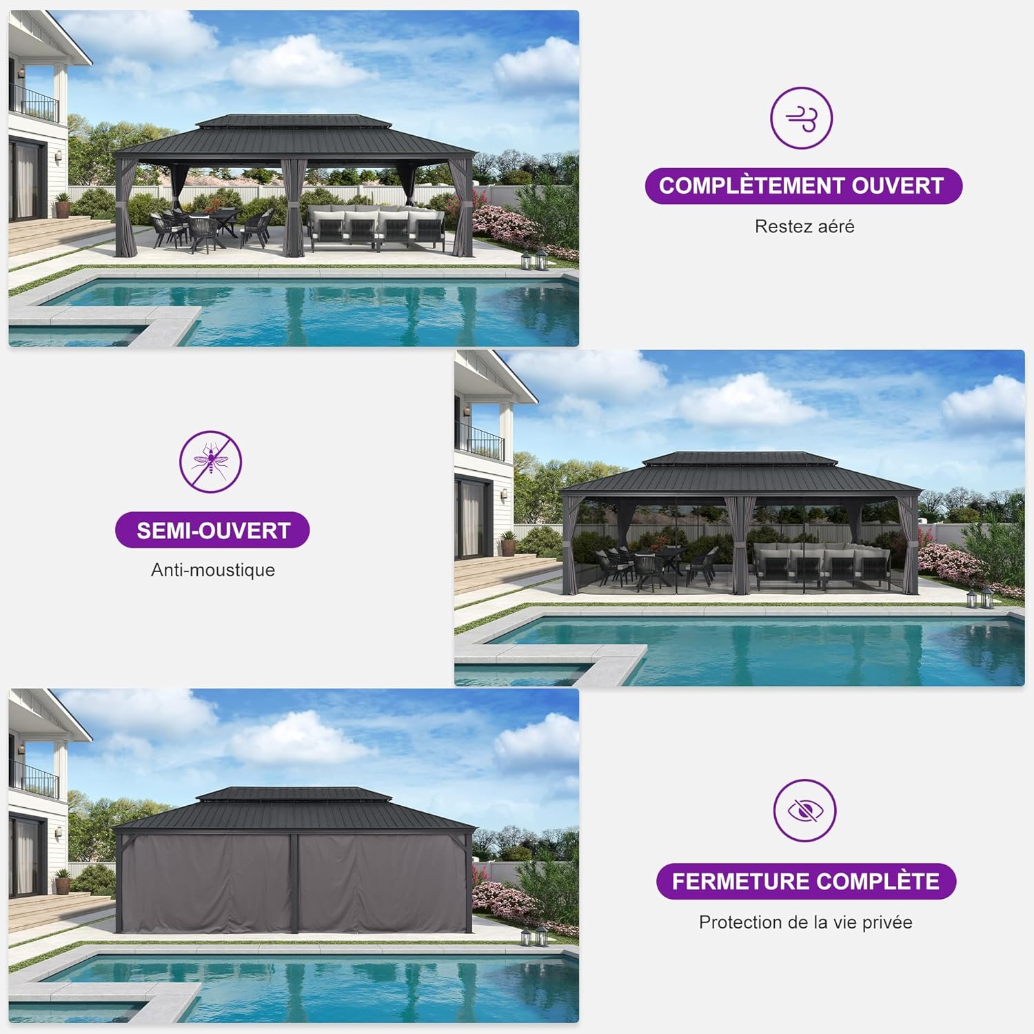 etezen - Pergola série extérieure - 7.32x4.25m - alu, éclairage, moustiquaire, rideaux, gouttière, poteaux renforcé