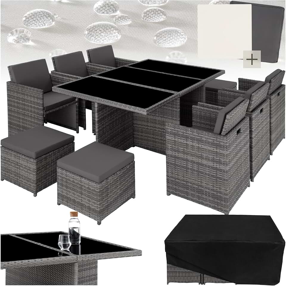 etezen - Salon de jardin polyrotin 10 places, housses incluses, gris