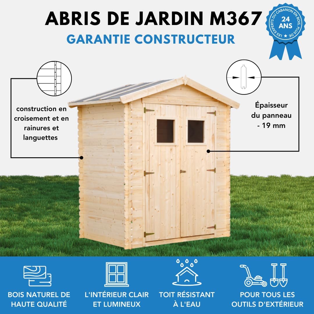 Abri de Jardin en Bois avec Sol TRAITÉ - Stockage extérieur I196xL136xH218 cm/ 1.98 m2 Petit abri à Outils, Local à vélos - Toit imperméable, fenêtres - etezen M367