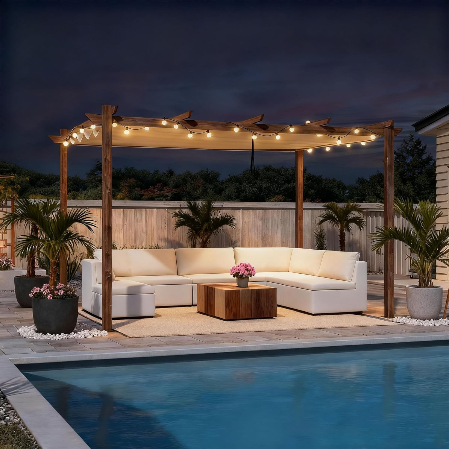 etezen - Pergola aluminium 4x3m, toit rétractable, éclairage intégré, finition teck, kaki