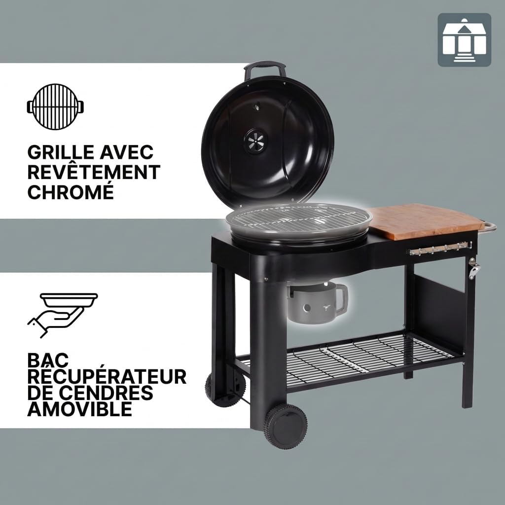 etezen - Barbecue Calgary - acier/bois - couvercle thermomètre, tablettes, 2 roues, noir