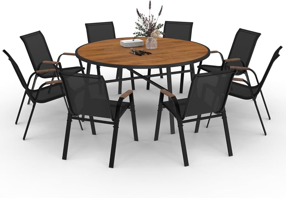 etezen - Noumea - Table ø150 cm et 8 chaises empilables, verre et bois