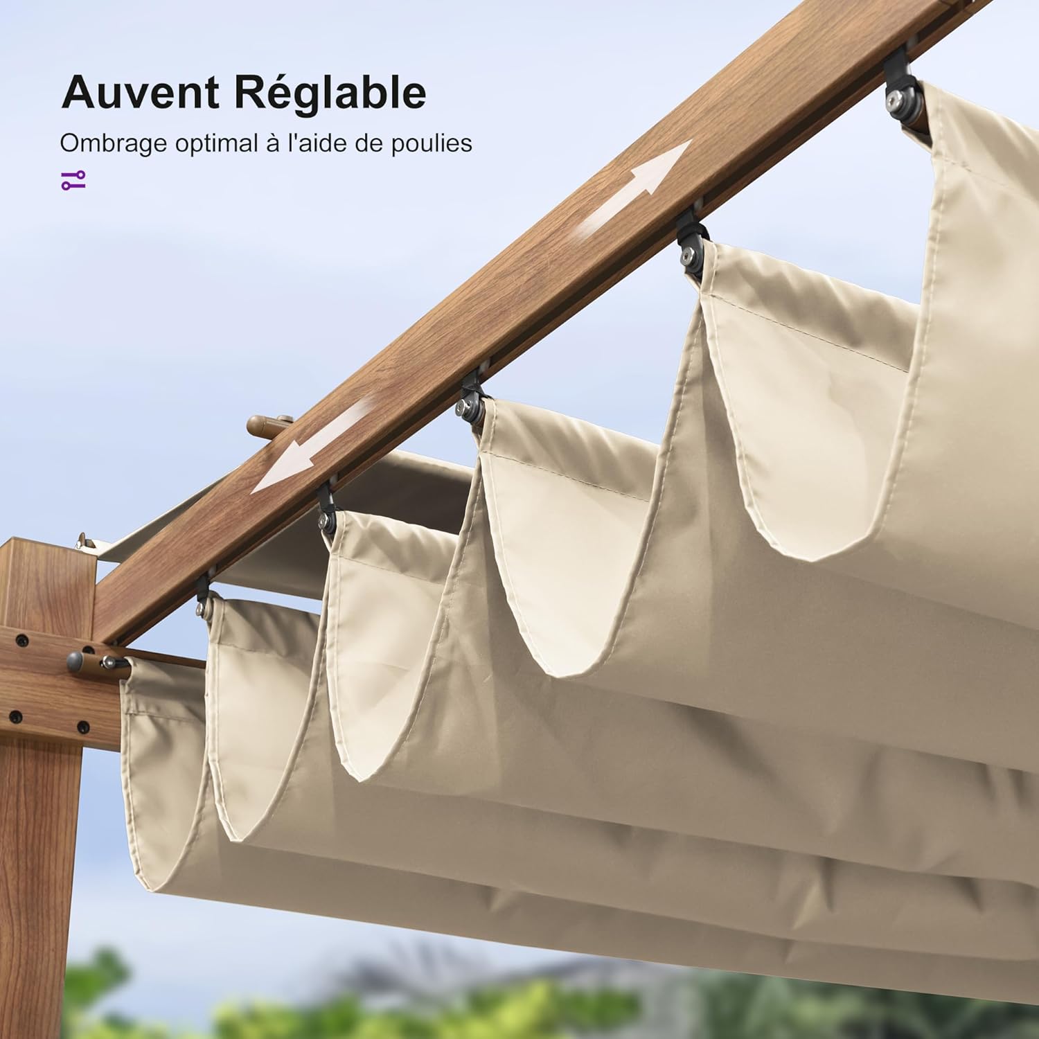 etezen - pergola aluminium - 3x3m - teck, toile rétractable, kaki