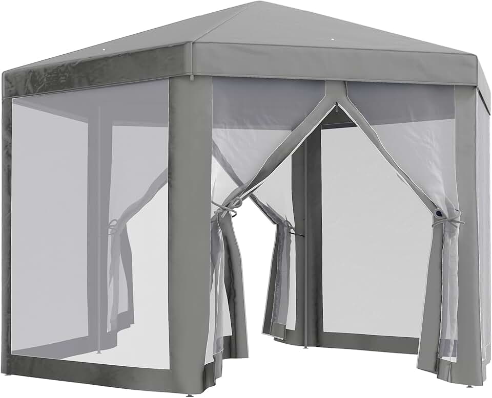 etezen - Tonnelle hexagonale Cosy, métal et polyester, gris, 3,5m