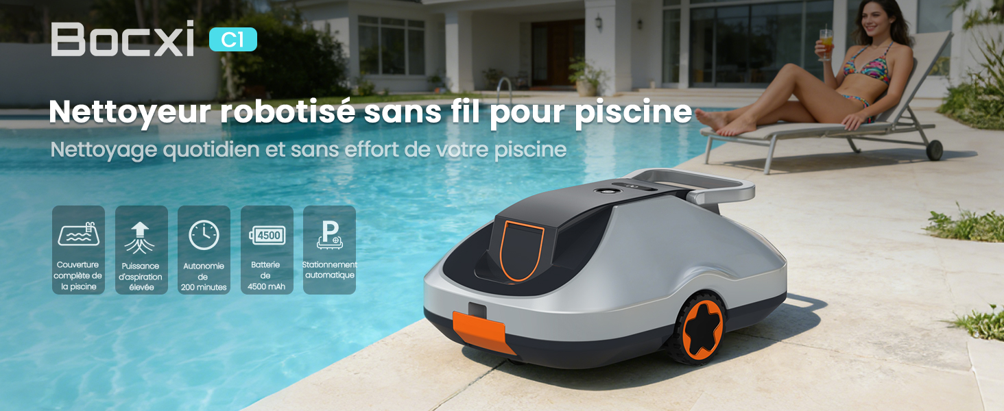 Le texte indique « Image 5 » et « etezen ». Aspirateur robot présenté en couleur bleu-gris, avec une image promotionnelle de style de vie le montrant en cours d'utilisation.
