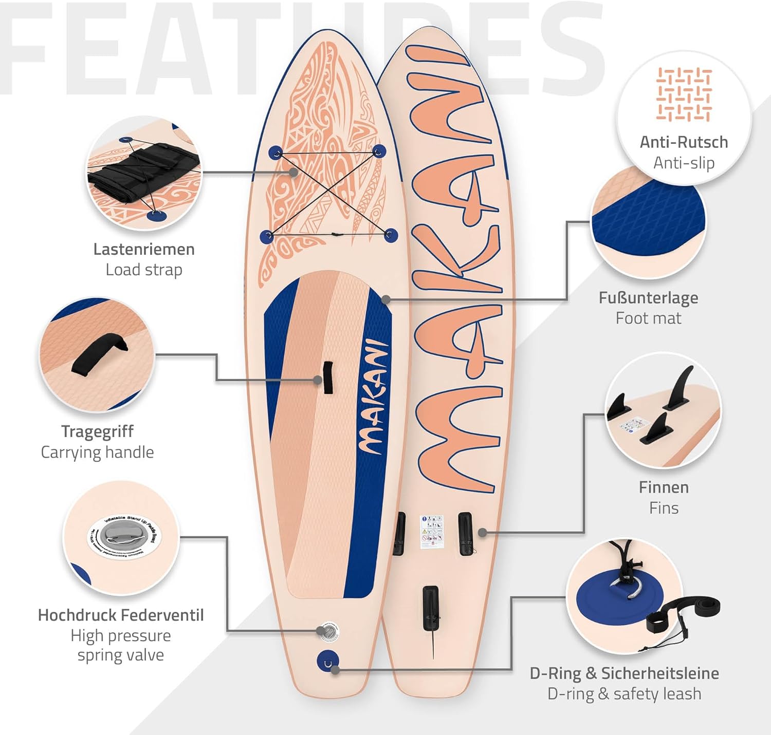 etezen Stand Up Surf Paddle Board Gonflable 305/308/320/380 cm | PVC | jusqu'à 120/150 kg | Épaisseur 10/15 cm | Planche de Surf Pagaie Sac de Transport Pompe à Air | Diverses Couleurs Modèles