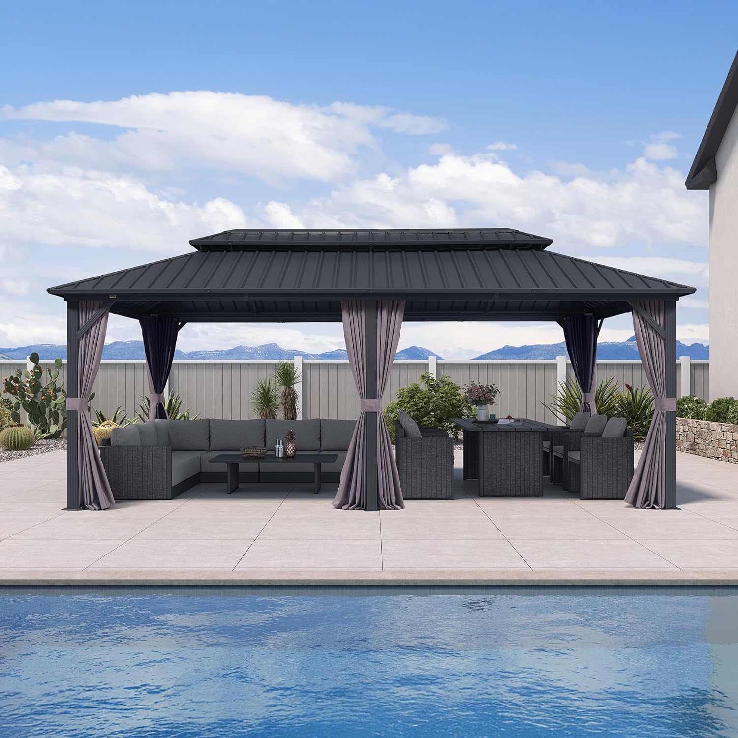 etezen - pergola double toit 6x3m, alu & acier, rideaux & moustiquaire