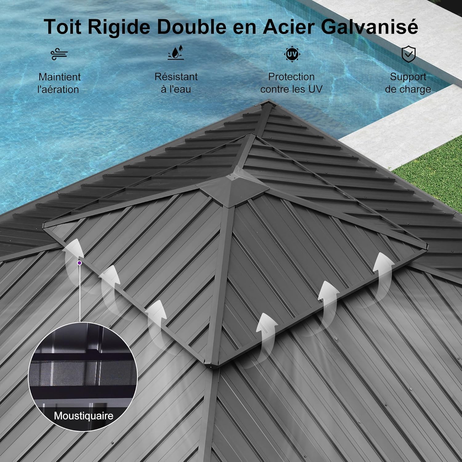 etezen - tonnelle double toit acier 4x4m, rideaux, moustiquaire