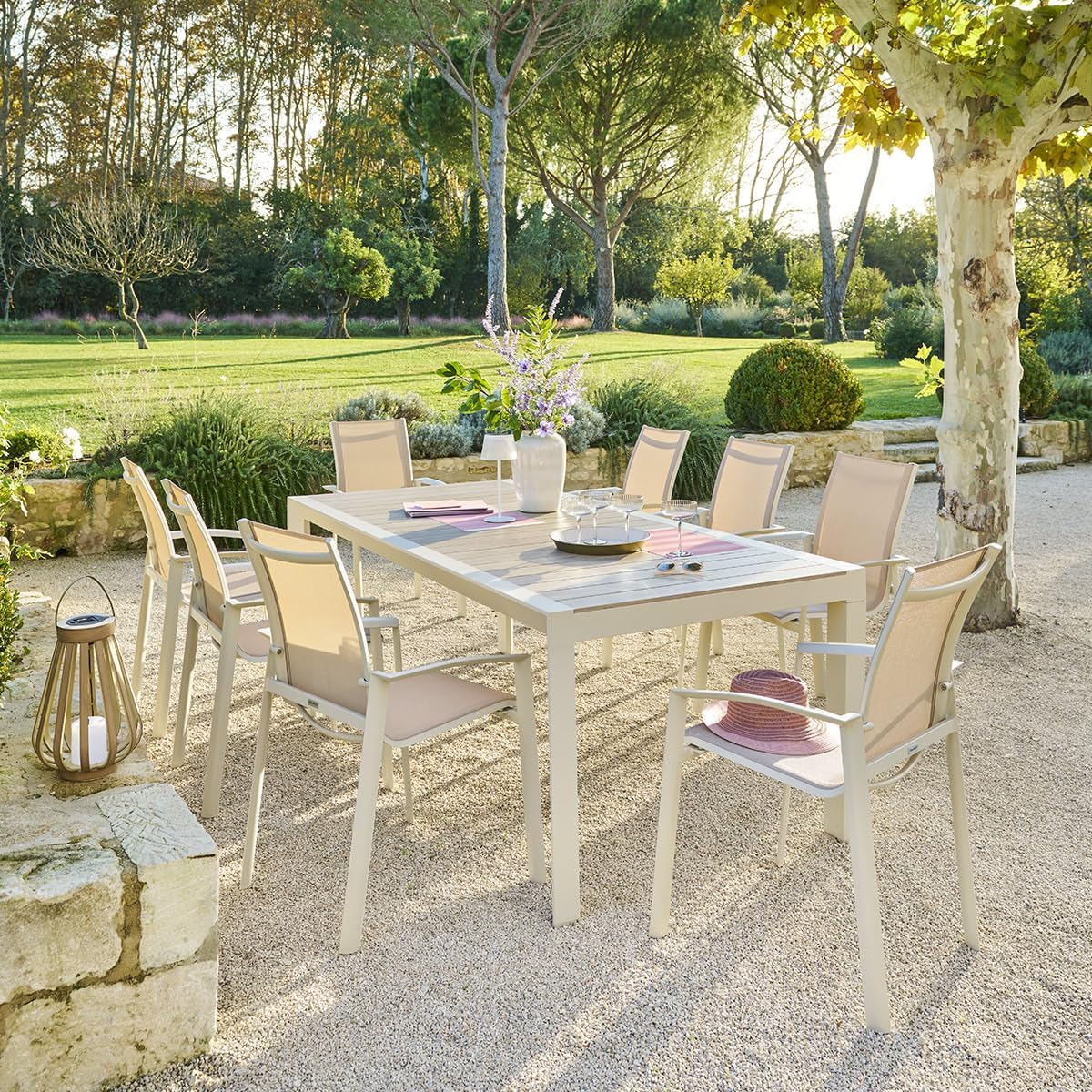 etezen - Table de jardin Évasion 8 places - aluminium, effet bois, lin et argile