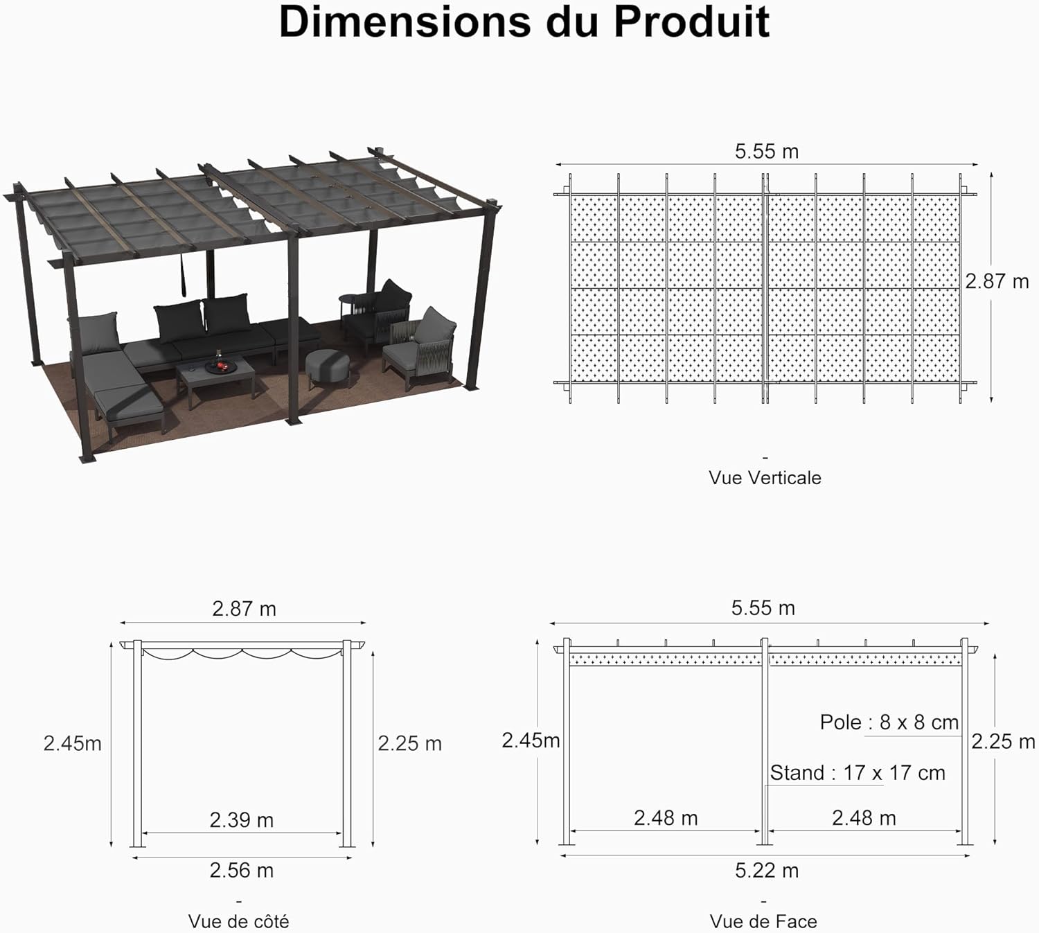 etezen - Pergola aluminium 5,5x3m, éclairage LED, toit rétractable