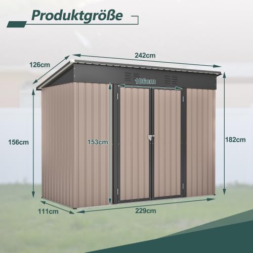Abri de jardin métal - 2,4x1,2m - résistant, aéré, base en métal