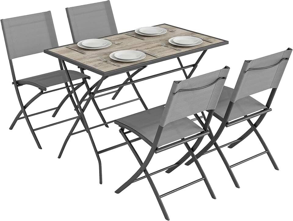 etezen - ensemble salle à manger pliant 5 pièces, sièges textilène, gris