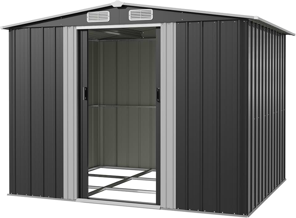 etezen Abri de Jardin Métallique 8x6ft, Grand Rangement Extérieur pour Outils, Vélos et Poubelles, Toit Penté et Ventilation Inclus, Résistant aux Intempéries, pour Jardin, Terrasse et Pelouse, Noir