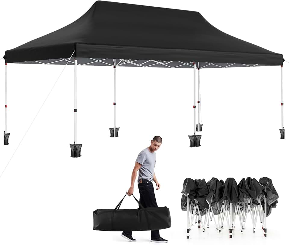 etezen Tonnelle Pliante 3x6m Imperméable, Tonnelle Barnum Pliante 3x6 de Jardin Exterieur, Sac de Transport, Sac Lesté, Pavillon de Jardin Pop-Up pour Fête, Mariage (Noir|sans Bâche)