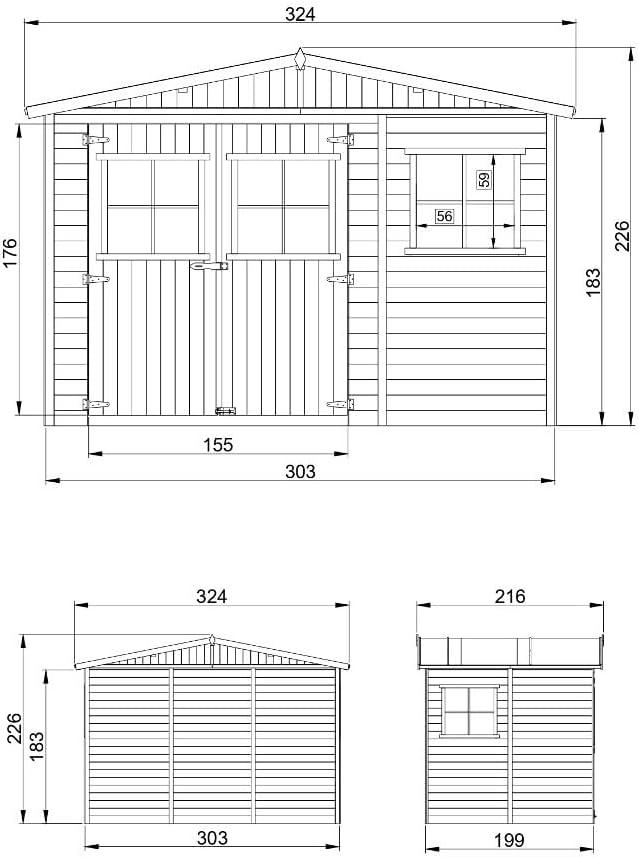 Abri de Jardin en Bois Exterieur avec Les PLANCHERS IMPRÉGNÉ- Cabane de Jardin en Pin/épicéa-H226x324x216 cm/6m2- Construction de Panneaux- Rangement pour vélos, Remise à Outils- etezen M334+M334G