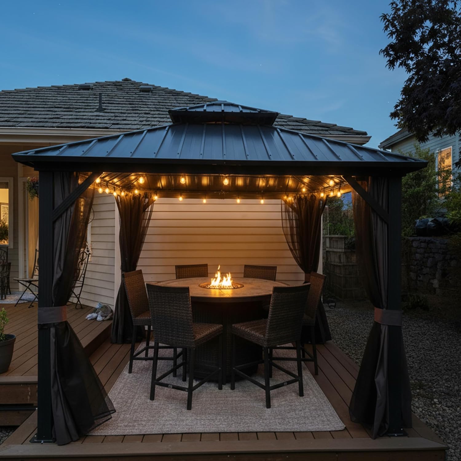 etezen - tonnelle extérieur double toit 3x3m, alu et acier, rideaux, guirlande lumineuse